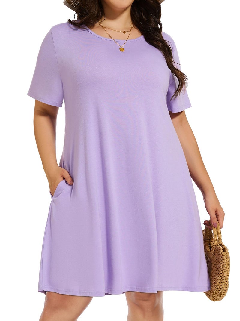 elescat Plus Size Summer Dresses for Women Casual Short Sleeve Pockets Loose Oversized T Shirt Sundress (Light Purple, 3XL) - Image 1