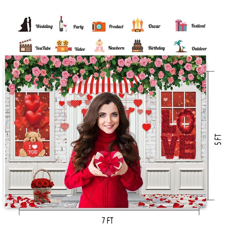 CHAIYA 7X5ft Valentine's Day Photography Backdrop Mother's Day Store Flower Love Heart Background Wedding Bridal Shower Party Decor Banner Valentine's Day Party Decoration - Image 4