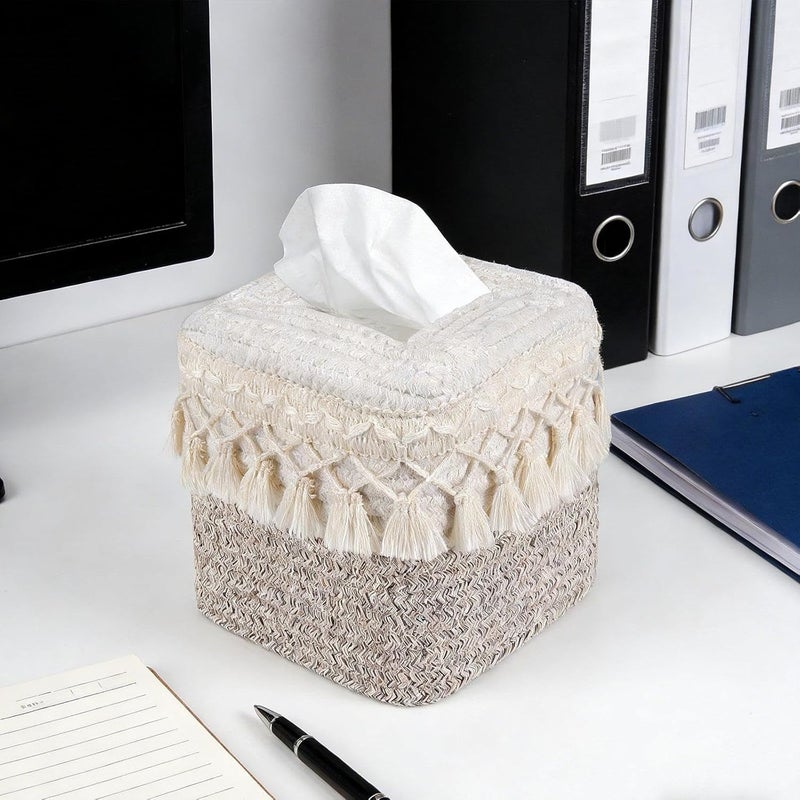 predolo Tissue Box Cover Hand Woven Tissue Box Holder Napkin Dispenser Modern Stylish Tissue Organizer Premium Rope Jute Suitable for Office Home Vanity, Style D - Image 4