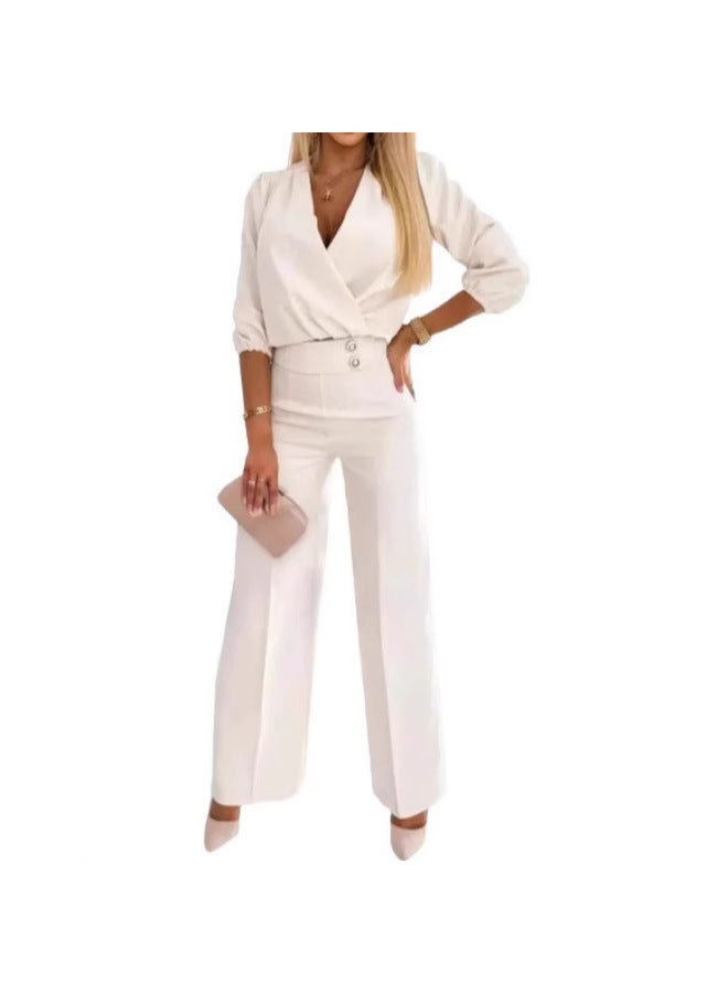 Europe And The United States Cross-border Independent Station Women's Solid Color V-collar Two-button 2-piece Pants Suit  - Image 5