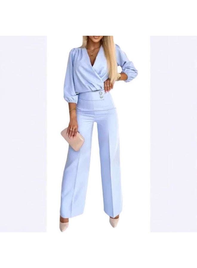 Europe And The United States Cross-border Independent Station Women's Solid Color V-collar Two-button 2-piece Pants Suit  - Image 4