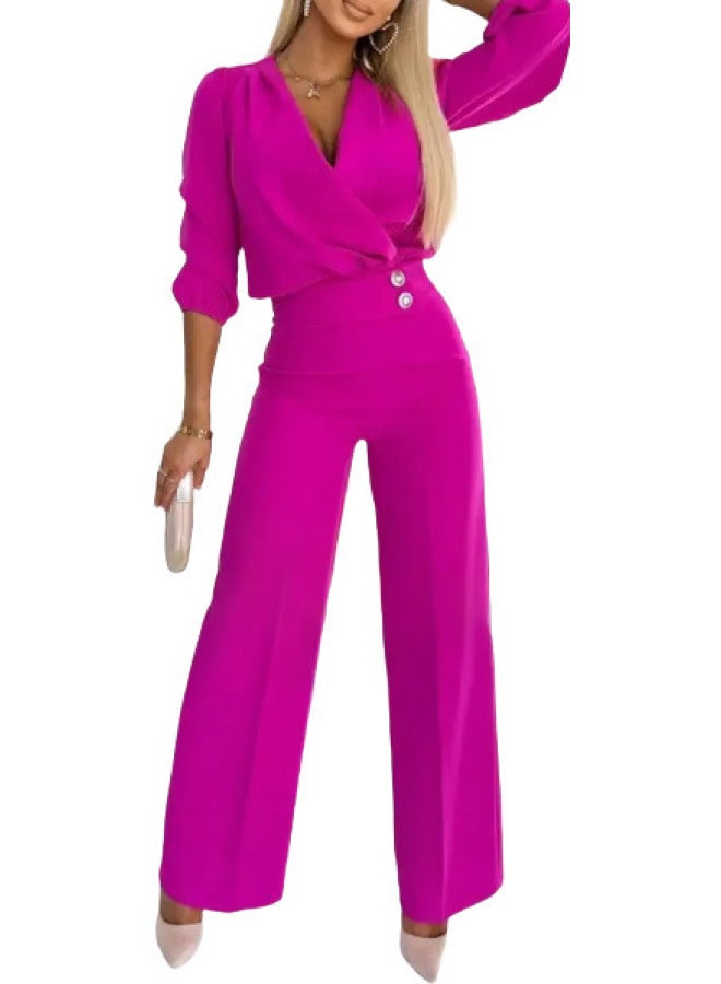 Europe And The United States Cross-border Independent Station Women's Solid Color V-collar Two-button 2-piece Pants Suit  - Image 1