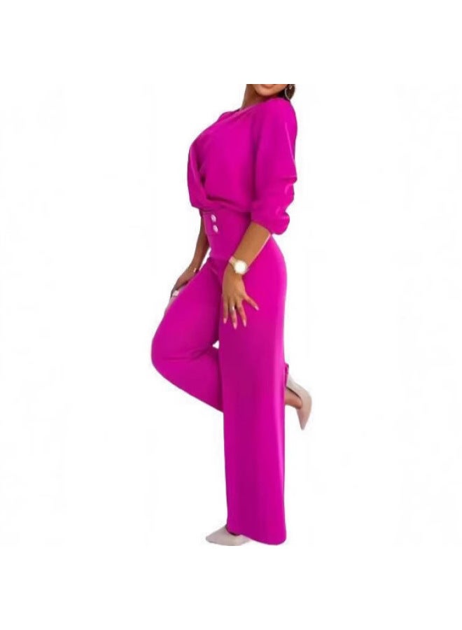 Europe And The United States Cross-border Independent Station Women's Solid Color V-collar Two-button 2-piece Pants Suit  - Image 3
