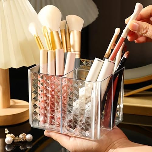 MosQuick® Clear Plastic remote stand for home mobile stand desk accessories phone holder stationery organiser pen stand Make up brush holder TV Remote Holder with 4 Compartments Desktop Storage Box - Image 1