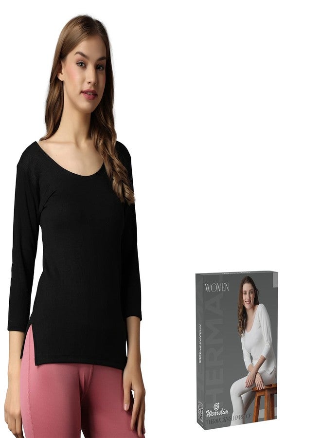 Wearslim® Women's Winter Warmer Thermal Vest, 3/4 Sleeves Ultra Soft Scoop Neck Winter Inner Wear Top Johns Underwear - Zed Black (M) - Image 4