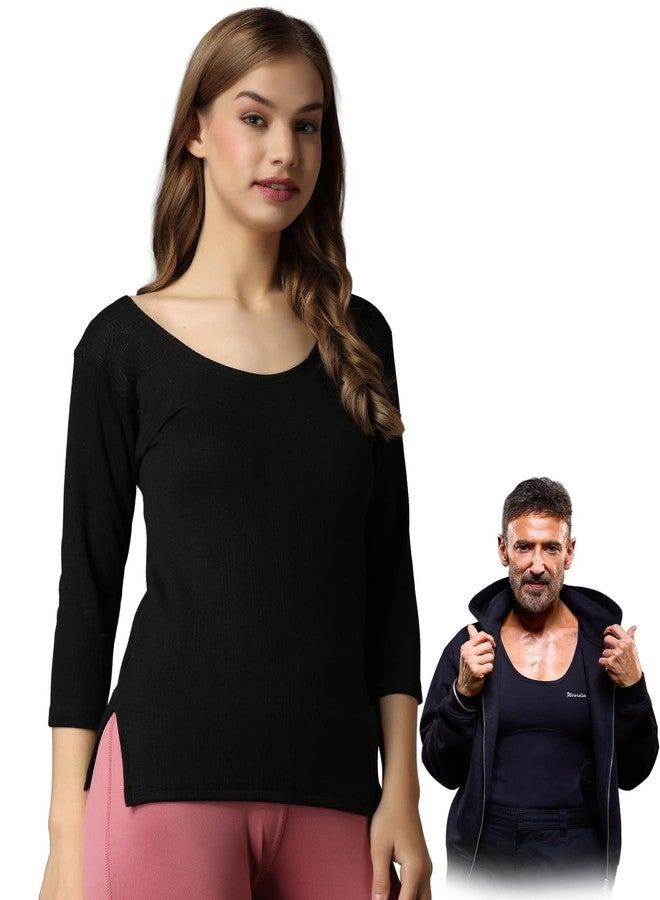 Wearslim® Women's Winter Warmer Thermal Vest, 3/4 Sleeves Ultra Soft Scoop Neck Winter Inner Wear Top Johns Underwear - Zed Black (M) - Image 1