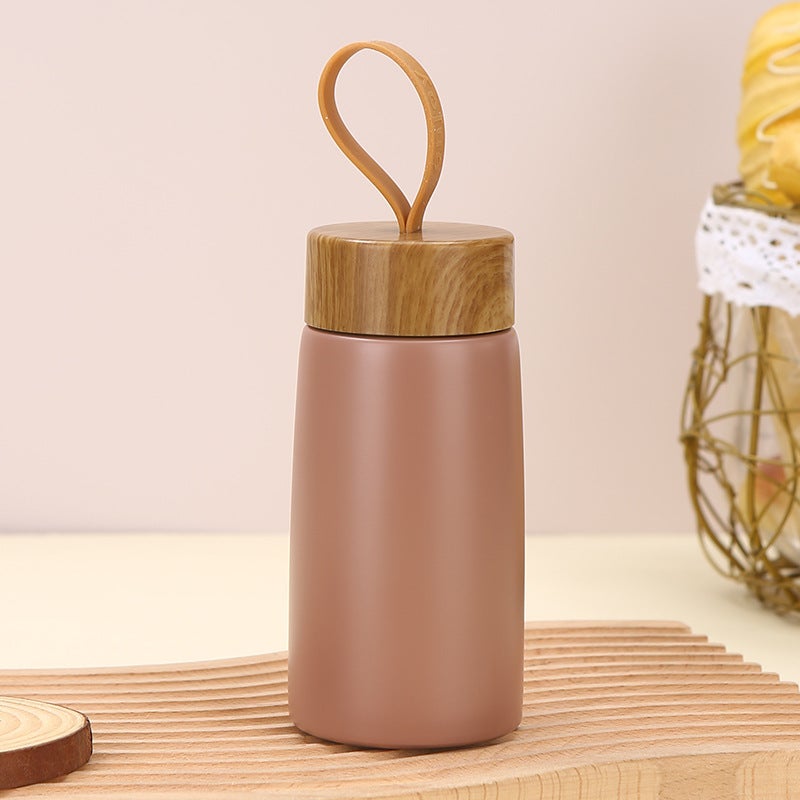 New style wood grain cover portable coffee cup creative 304 stainless steel vacuum cup simple Mini small pocket Cup Dark brown