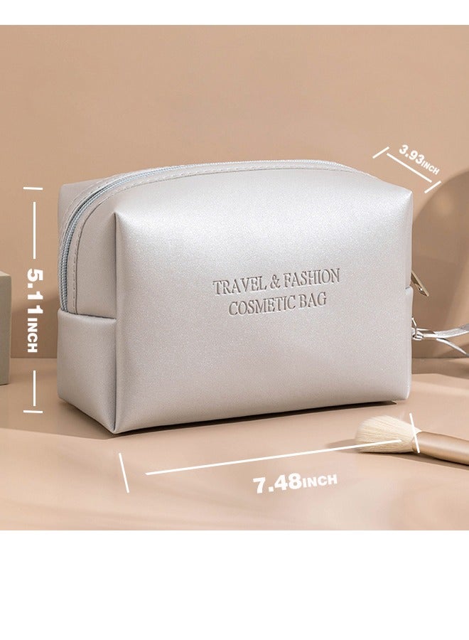 Travel-Friendly Wide Open PU Leather Cosmetic Bag and Makeup Organizer/Storage Case  ,Stylish Waterproof Makeup Bags for Women,silver - Image 2