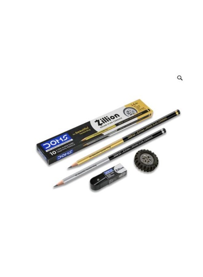 DOMS ZILLION Super Dark Pencils 10 Pc Pencil Pack (E-Racer Eraser+ Sharpner) - Image 2