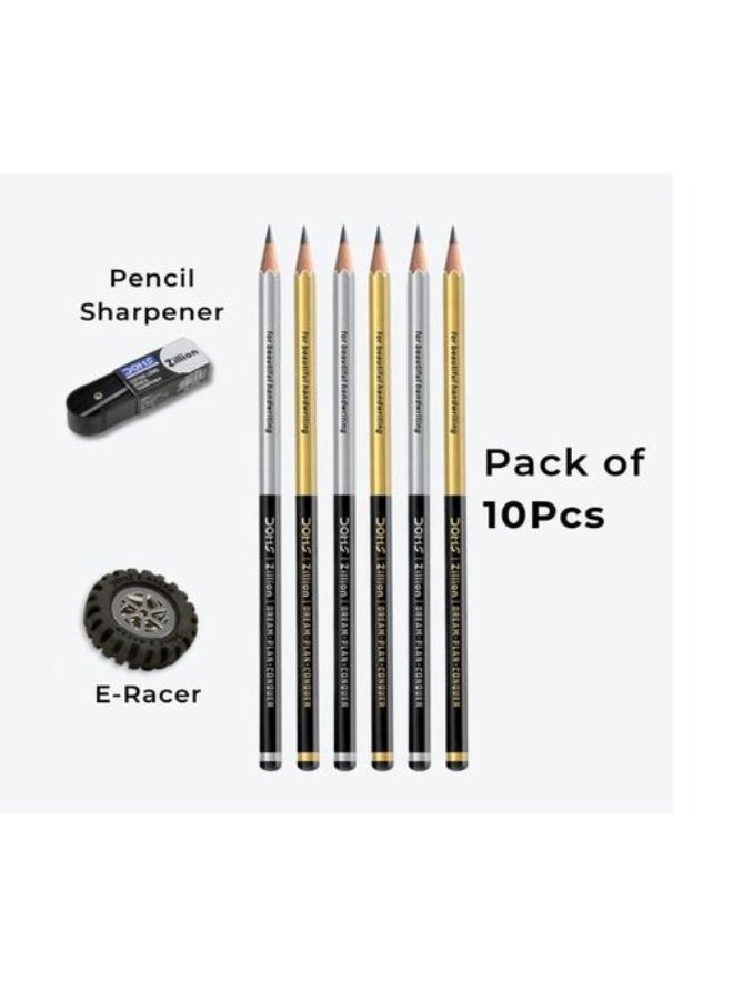 DOMS ZILLION Super Dark Pencils 10 Pc Pencil Pack (E-Racer Eraser+ Sharpner) - Image 1