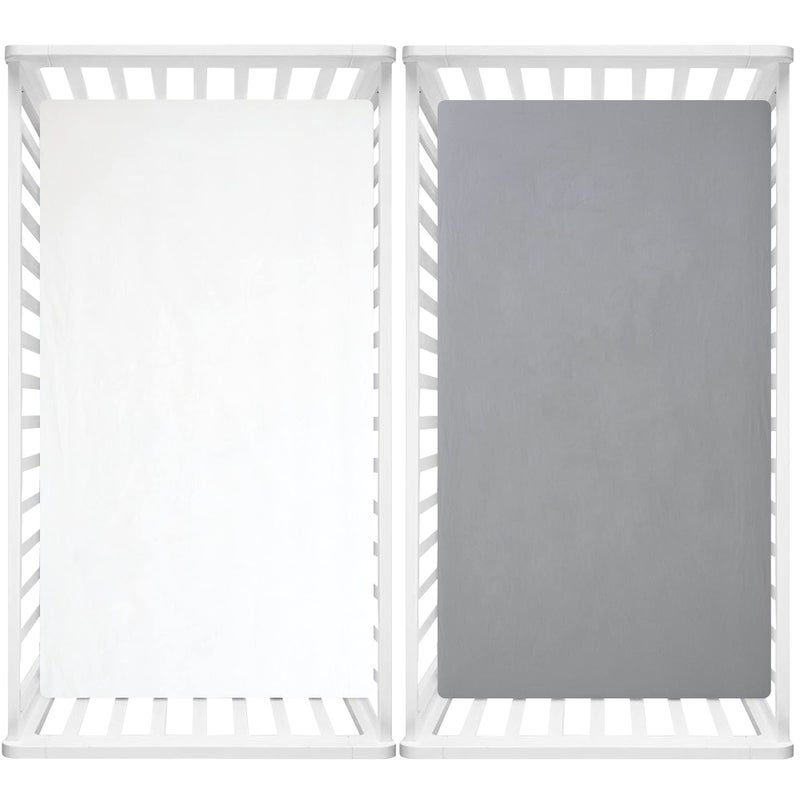 TILLYOU 2 Pack Fitted Crib Sheet Set - 100% Solid Standard Natural Cotton Toddler Bed Mattress Sheets,Standard 28”x 52”, White&Charcoal Gray - Image 3