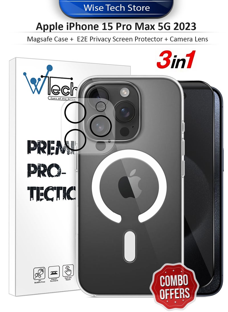 دبليو تيك هاتف آيفون 15 برو ماكس 5G 2023 من آبل، حزمة حماية 3 في 1، جراب شفاف مقاوم للصدمات مع ماجسيف، واقي شاشة زجاجي للخصوصية E2E وواقي عدسة الكاميرا بحماية 360، سهل التركيب - شفاف/أسود - Image 1