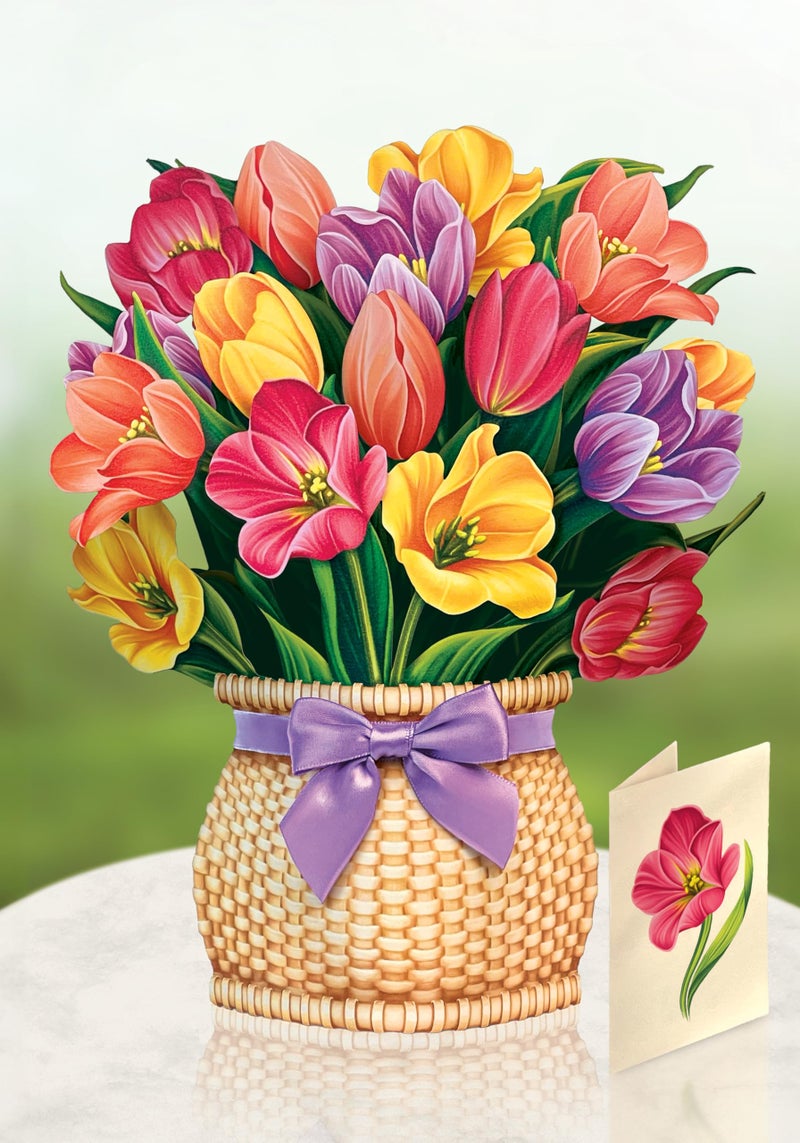 Freshcut Paper Pop Up Cards, Festive Tulips, 12 Inch Life Sized Forever Flower Bouquet 3D Popup Greeting Card, Birthday Cards, Thank You Card, Blank Notecard & Envelope - Image 3