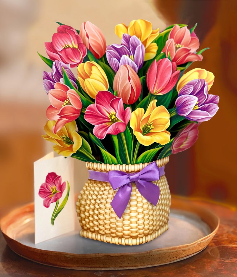 Freshcut Paper Pop Up Cards, Festive Tulips, 12 Inch Life Sized Forever Flower Bouquet 3D Popup Greeting Card, Birthday Cards, Thank You Card, Blank Notecard & Envelope - Image 2