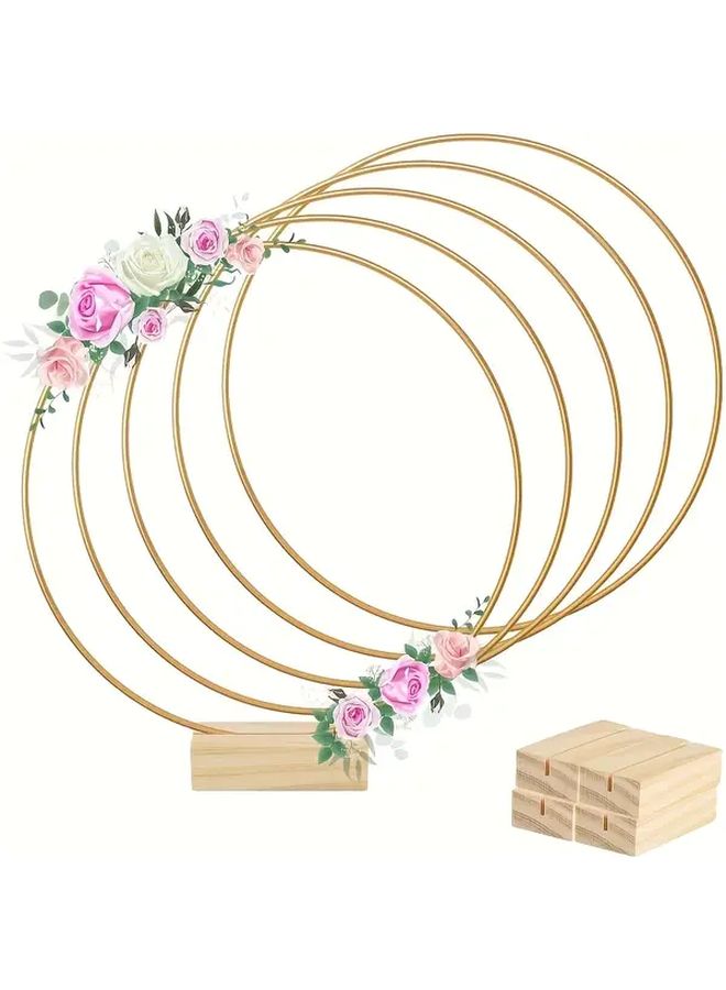 Golden Metal Floral Hoop Centerpiece Set With Wooden Stand Table Decor Wedding - Image 1
