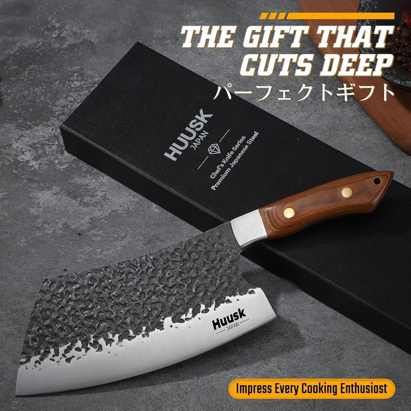 Huusk Cleaver Knife 7 inch - Hand Forged Butcher Knife for Meat Cutting, Japanese Chopping Knives, High Carbon Steel Vegetable Meat Cleaver for BBQ, Camping, Christmas Gifts for Men Women - Image 2