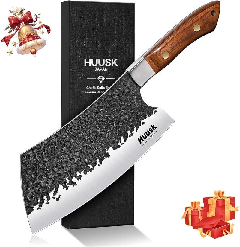Huusk Cleaver Knife 7 inch - Hand Forged Butcher Knife for Meat Cutting, Japanese Chopping Knives, High Carbon Steel Vegetable Meat Cleaver for BBQ, Camping, Christmas Gifts for Men Women - Image 1