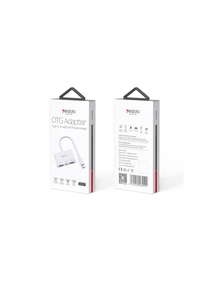 يسيدو محول USB-C 3 في 1 OTG من Yesido GS17 - منفذين USB 3.0 ومنفذ Type-C، ونقل البيانات، والشحن السريع PD، والتوصيل والتشغيل، ومتوافق مع محركات أقراص USB والفئران ولوحات المفاتيح والكاميرات - Image 4