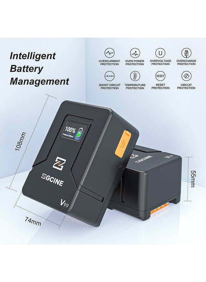 ZG-V99 Portable V-Lock Battery 6800mAh 14.8V 99Wh Large Capacity V-Mount Battery with D-Tap/ USB-C/ BP/ USB-A Charging Ports for Cameras Camcorders Large LED Video Lights Monitors Smartphones Laptop