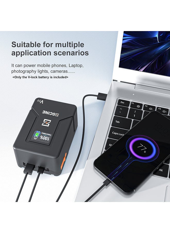 ZG-V99 Portable V-Lock Battery 6800mAh 14.8V 99Wh Large Capacity V-Mount Battery with D-Tap/ USB-C/ BP/ USB-A Charging Ports for Cameras Camcorders Large LED Video Lights Monitors Smartphones Laptop
