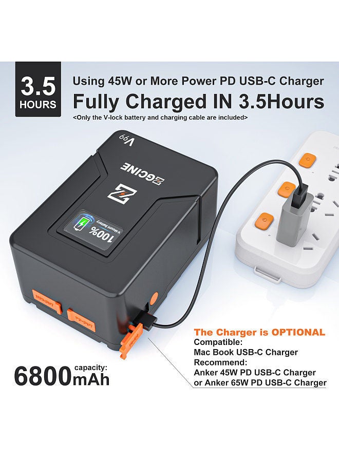ZG-V99 Portable V-Lock Battery 6800mAh 14.8V 99Wh Large Capacity V-Mount Battery with D-Tap/ USB-C/ BP/ USB-A Charging Ports for Cameras Camcorders Large LED Video Lights Monitors Smartphones Laptop