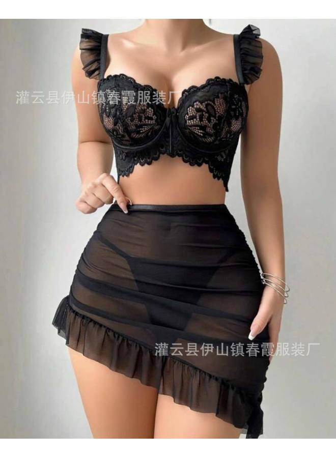 New See-through Mesh Nightgown Lace Lingerie Women's Suit