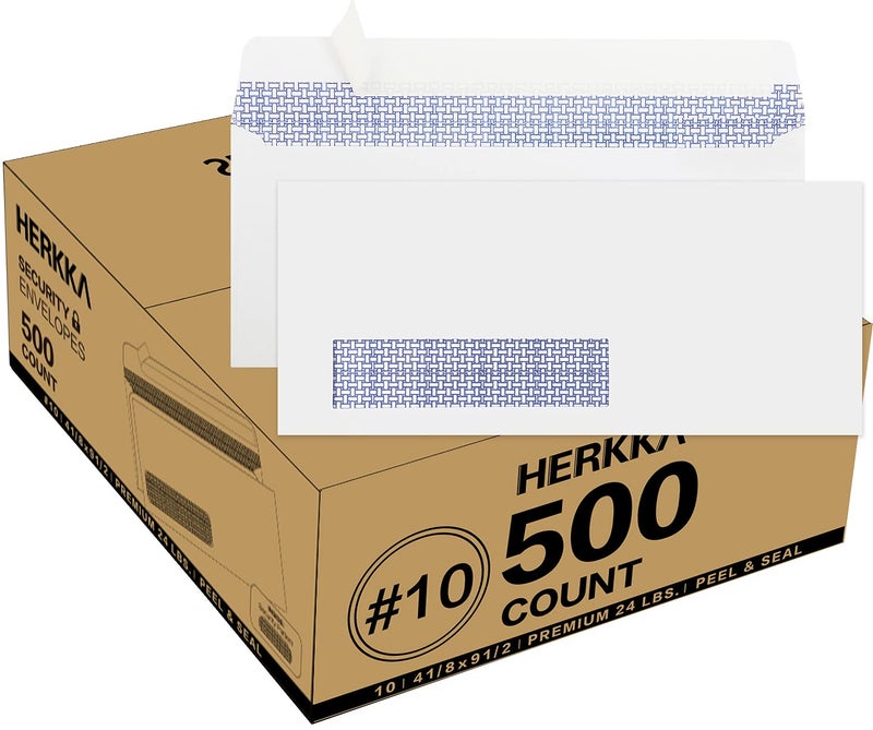 HERKKA 500 Pack #10 Single Left Window SELF Seal Security Envelopes, Designed for QuickBooks Invoices & Business Statements, Computer Printed Checks Peel and Seal Flap, Size 4-1/8 x 9-1/2 Inches, 24 LB - Image 1