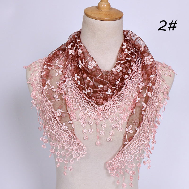 New Spring Autumn Floral Lace Triangle Scarf 2# red coffee 