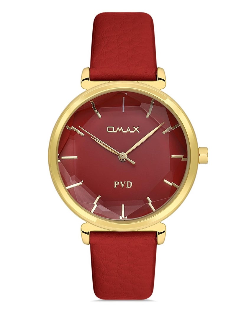 Omax Women's Luxury Wrist Watch, Watches for Women, Stainless Watches, Red Leather Band, Gold Round Dial, Waterproof Watch, 1 Year Warranty - Image 1