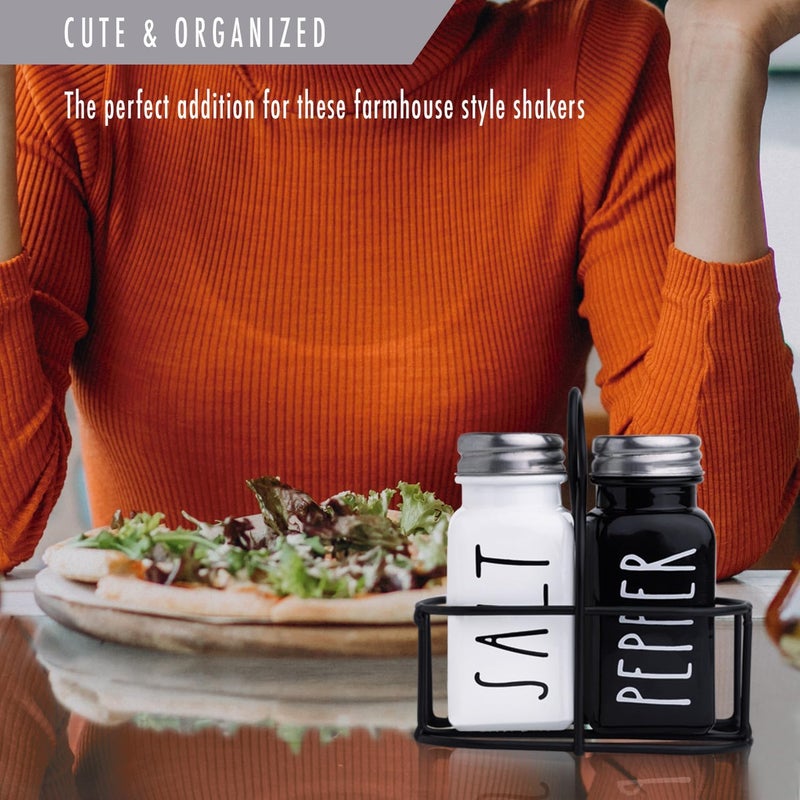 BUNOT Farmhouse Salt and Pepper Shakers Set, a cute black and white premium glass shakers with stainless steel lids in a black metal holder, perfect for adding a vintage kitchen decor charm, great as a gift - Image 3