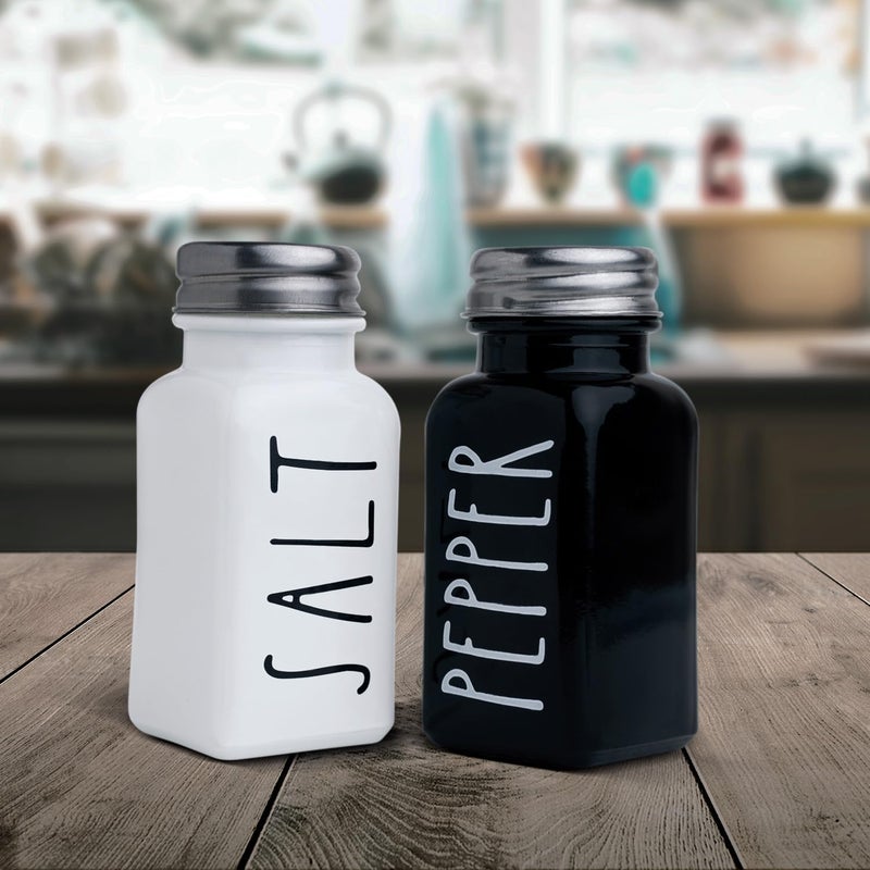 BUNOT Farmhouse Salt and Pepper Shakers Set, a cute black and white premium glass shakers with stainless steel lids in a black metal holder, perfect for adding a vintage kitchen decor charm, great as a gift - Image 2