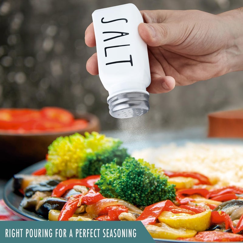 BUNOT Farmhouse Salt and Pepper Shakers Set, a cute black and white premium glass shakers with stainless steel lids in a black metal holder, perfect for adding a vintage kitchen decor charm, great as a gift - Image 5