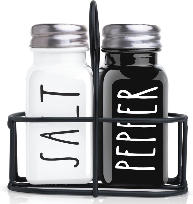 BUNOT Farmhouse Salt and Pepper Shakers Set, a cute black and white premium glass shakers with stainless steel lids in a black metal holder, perfect for adding a vintage kitchen decor charm, great as a gift - Image 1