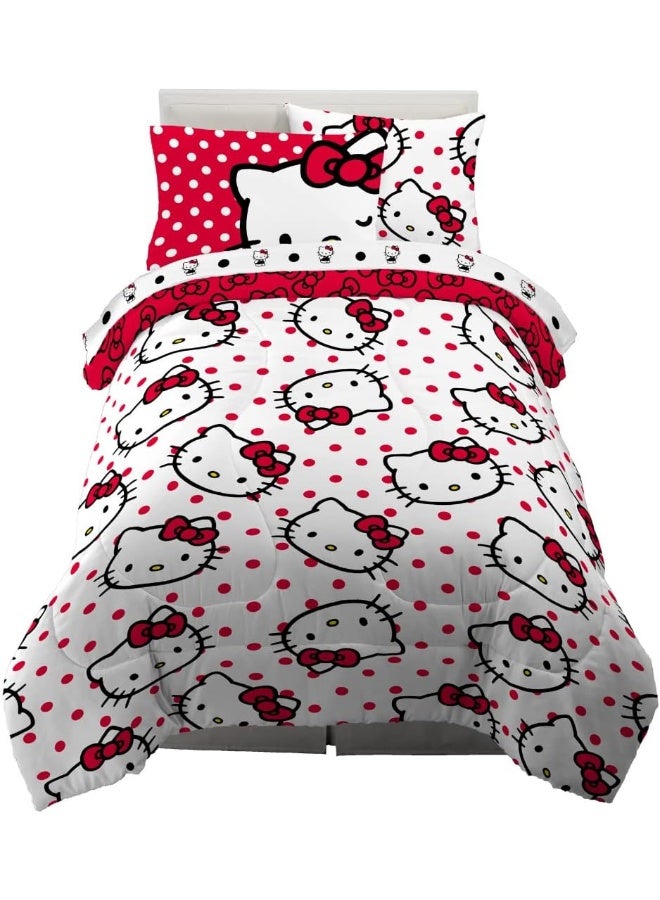 Franco Franco Collectibles Hello Kitty Polka Dot Bedding 5 Piece Super Soft Comforter and Sheet Set with Sham, Twin, (Official Licensed Product) - Image 1
