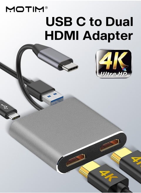 USB C to Dual HDMI Adapter 5Gbps, 4 in 1 USB Type C Hub with 2 HDMI (4K@30Hz) / USB3.0/ PD Charging, Dual HD Video Converter HDMI Splitter Docking Station for MacBook Pro Air iPad Chromebook XPS Acer HP Dell Surface Samsung