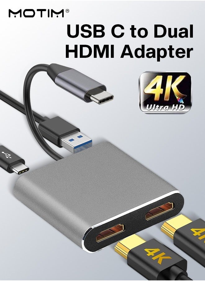 موتيم محول USB من النوع C إلى HDMI مزدوج، 4 في 1 موزع USB من النوع C مع 2 HDMI (4K@30 هرتز) / USB3.0/شحن PD، محطة إرساء USB-C بشاشة مزدوجة عالية الوضوح لنظامي التشغيل Windows وMacOS  - Image 1