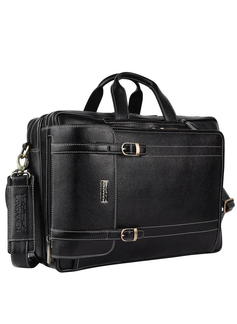HAMMONDS FLYCATCHER Leather Office Bag for Men, 2 in 1 Leather Bag for Men, 15.6 Inch Professional Laptop Bag for Men, Adjustable Straps and Multiple Compartments| Black | 4RFL