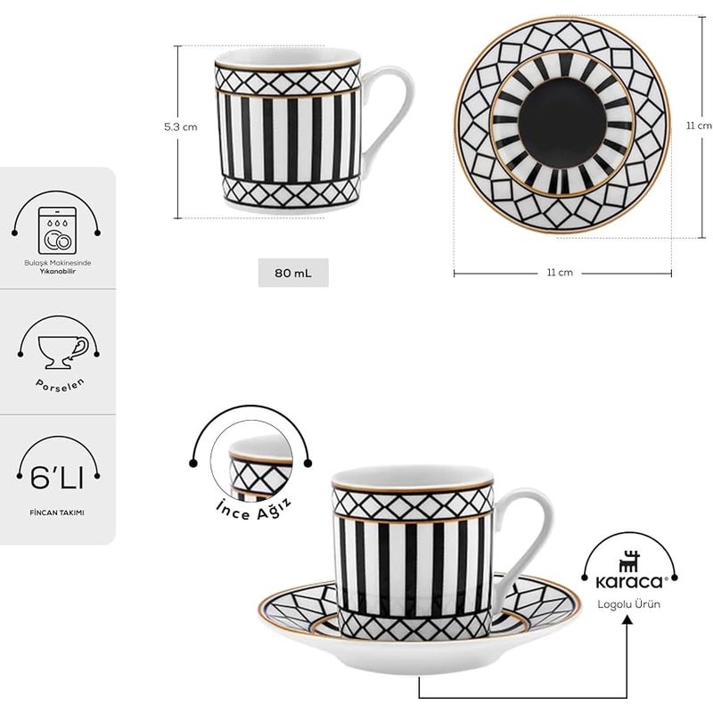 Karaca Helenistik 12-Piece Porcelain Espresso Turkish Coffee Cup Set for 6 People, 80ml, Black B0BWJ4F3HL - Image 3