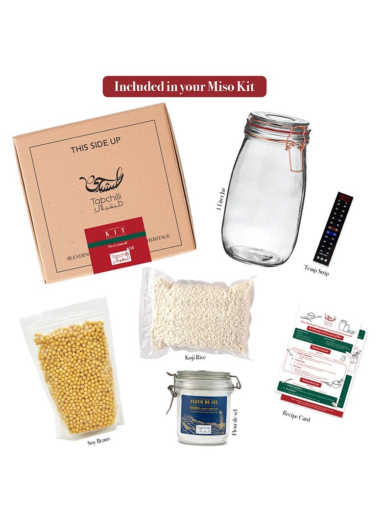 Tabchilli Miso Making Kit, Includes 350g Organic Soybeans, 350g Koji Rice, 300g Fleur De Sel, 1L Glass jar, Temperature Strip, and Recipe Card - Image 1