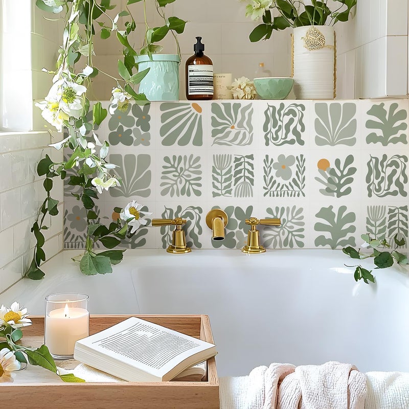 Alwayspon Self-Adhesive Vinyl Wall Tile Stickers, 10Pcs 20cm/8inch Peel and Stick on Tiles Transfer Vinyl Flooring Waterproof Splashback for Kitchen Bathroom, Sage Green Floral - Image 1