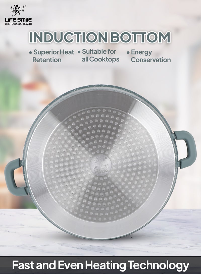 Life Smile Nonstick Cookware Set 29 pcs Cookwares-Induction Base Pots and Pans set-Granite Coating Cooking Pots set Includes 32cmx9.5L Casserole with Lid, 28cmx6.7L Casserole with Lid, 24cmx4.1L Casserole with Lid, 20cmx2.3L Casserole with Lid, 28cmx2.5L Fry pan,20cmx1L Fry pan 32cmx6.6L Shallow pot with Lid & Silicone Utensils - Image 2