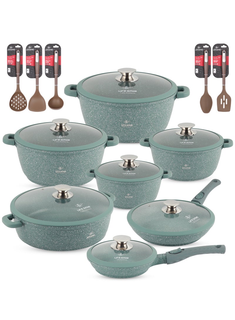 Life Smile Nonstick Cookware Set 29 pcs Cookwares-Induction Base Pots and Pans set-Granite Coating Cooking Pots set Includes 32cmx9.5L Casserole with Lid, 28cmx6.7L Casserole with Lid, 24cmx4.1L Casserole with Lid, 20cmx2.3L Casserole with Lid, 28cmx2.5L Fry pan,20cmx1L Fry pan 32cmx6.6L Shallow pot with Lid & Silicone Utensils - Image 1