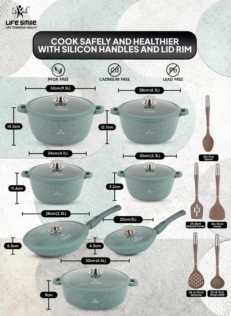 Life Smile Nonstick Cookware Set 29 pcs Cookwares-Induction Base Pots and Pans set-Granite Coating Cooking Pots set Includes 32cmx9.5L Casserole with Lid, 28cmx6.7L Casserole with Lid, 24cmx4.1L Casserole with Lid, 20cmx2.3L Casserole with Lid, 28cmx2.5L Fry pan,20cmx1L Fry pan 32cmx6.6L Shallow pot with Lid & Silicone Utensils - Image 3