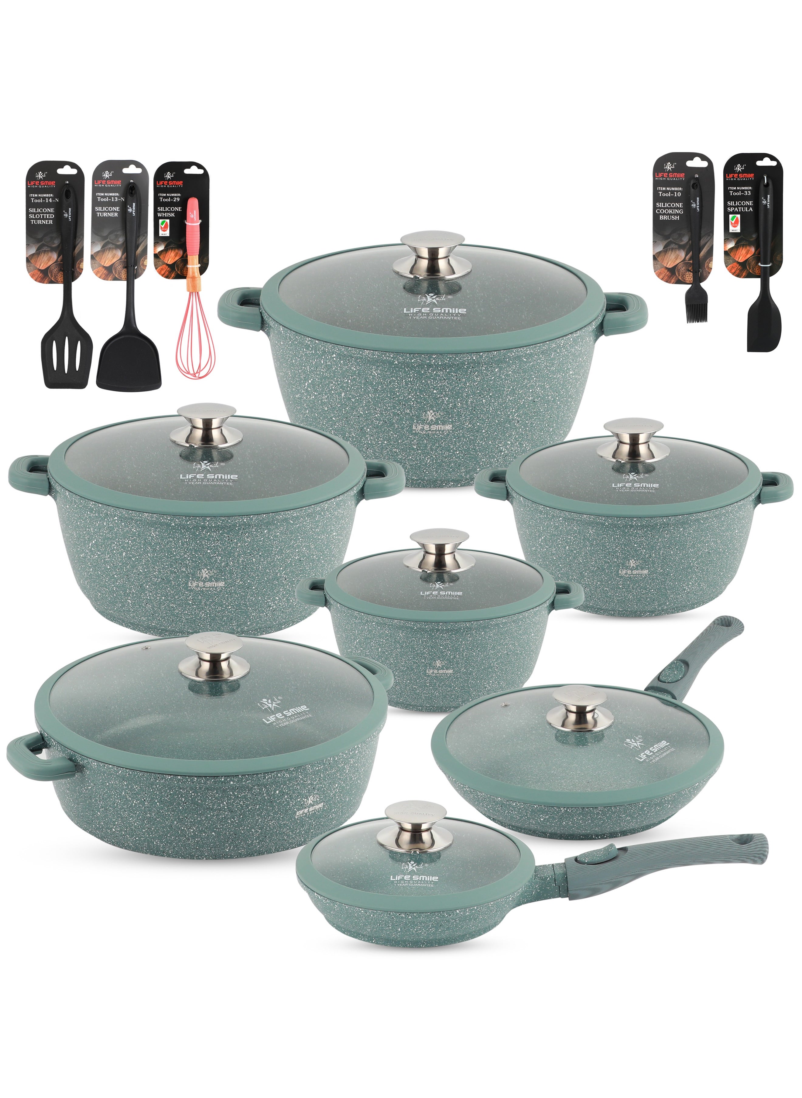 Cookware Set 29 pieces -Pots and Pans set Granite Non Stick Coating 100% PFOA FREE, Induction Base Cooking Set include Casseroles & Shallow Pot & Fry Pans & Silicone Utensils 