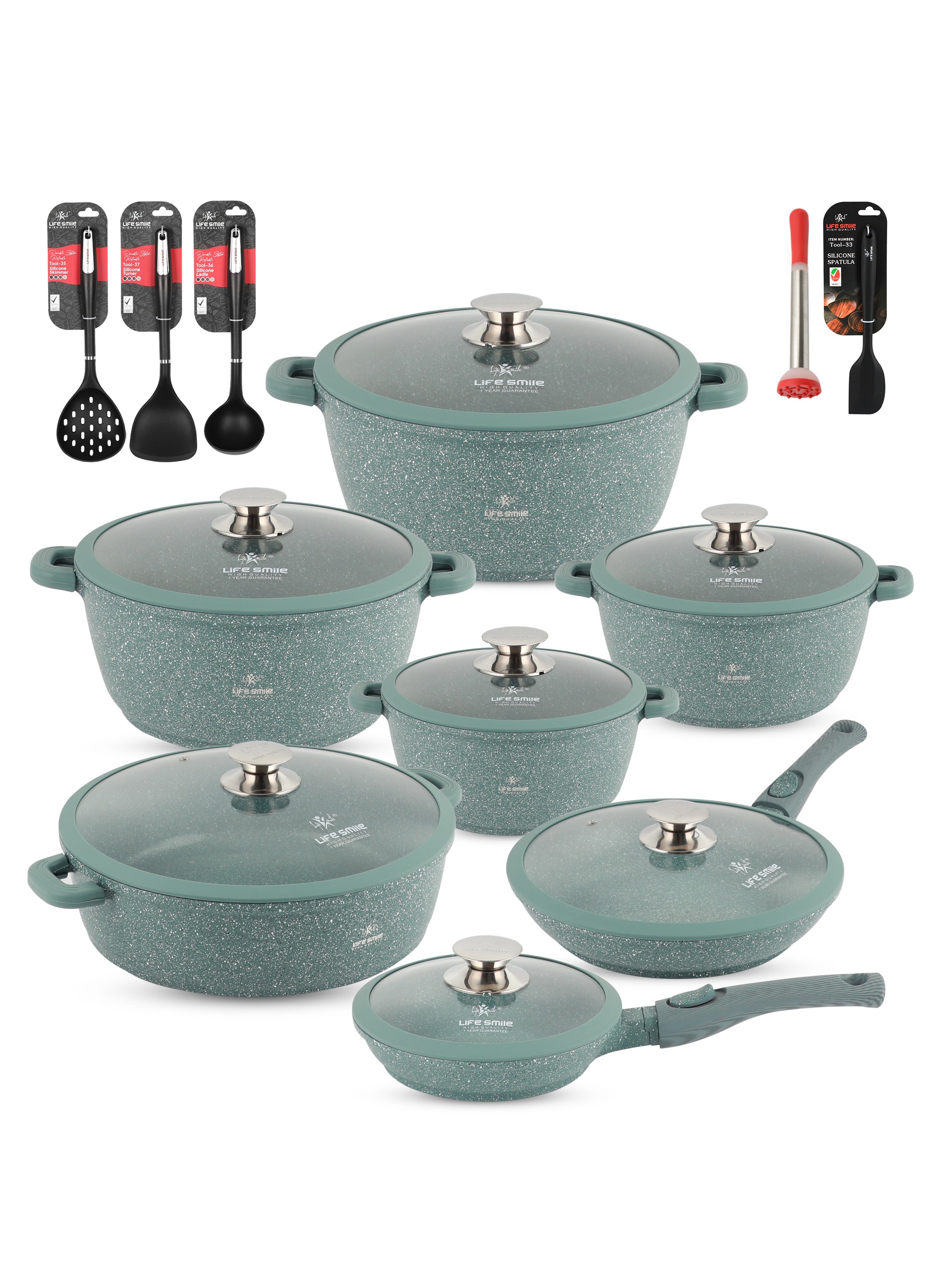 Life Smile Cookware Set 29 pieces -Pots and Pans set Granite Non Stick Coating 100% PFOA FREE, Induction Base Cooking Set include Casseroles & Shallow Pot & Fry Pans & Silicone Utensils 