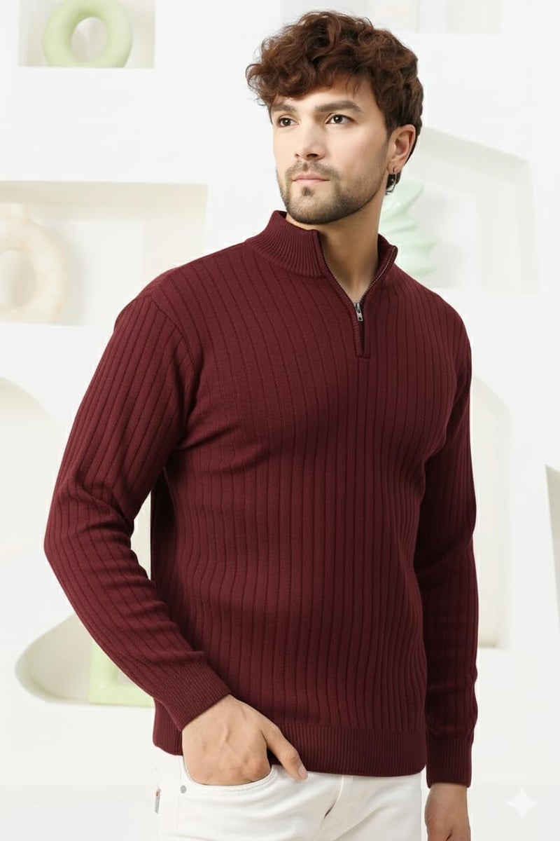 Pivl Men's Winter Half Zip Solid Warm Sweater_Wine-XL - Image 2