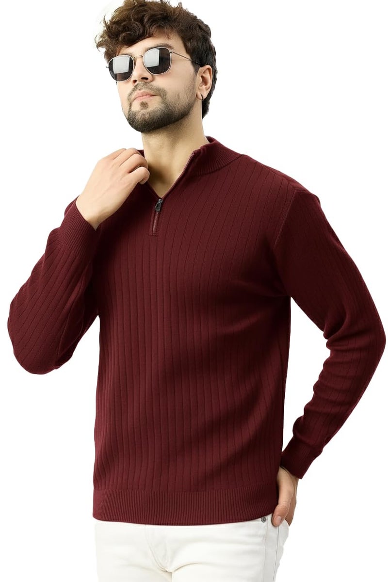 Pivl Men's Winter Half Zip Solid Warm Sweater_Wine-XL - Image 5