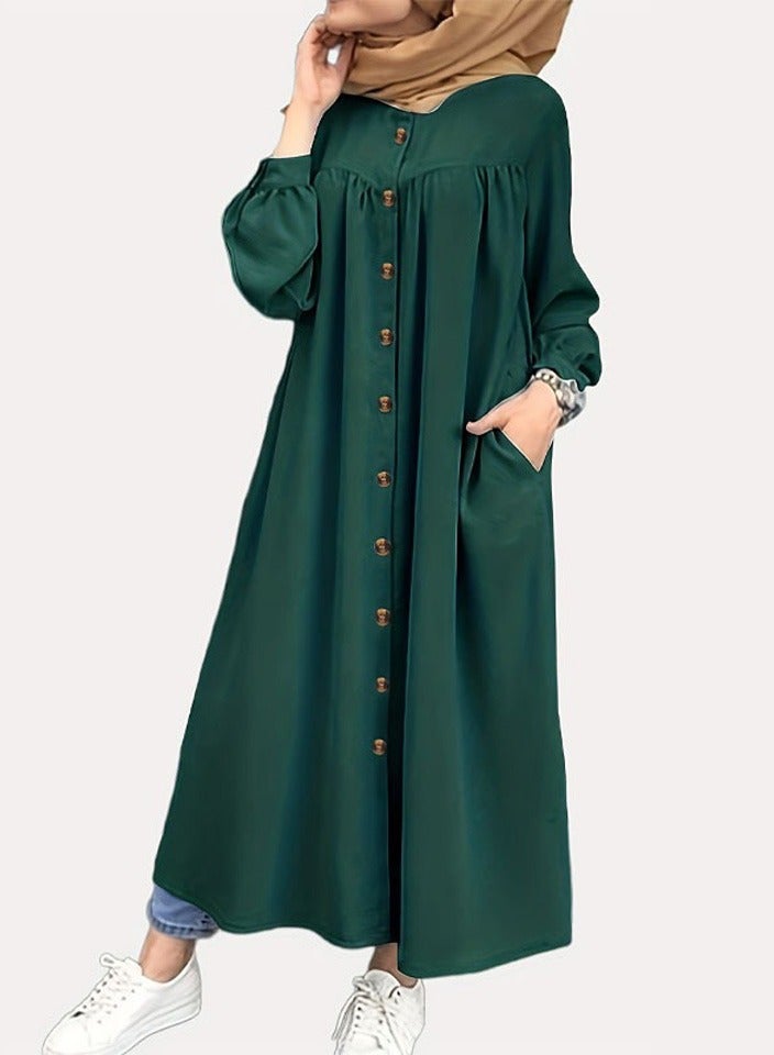 New Fashion Long Sleeves Elegant Button Detail Maxi Dress Military Green - Image 1
