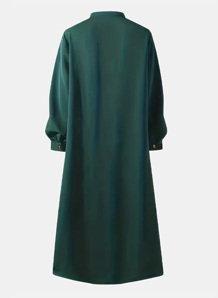 New Fashion Long Sleeves Elegant Button Detail Maxi Dress Military Green - Image 2