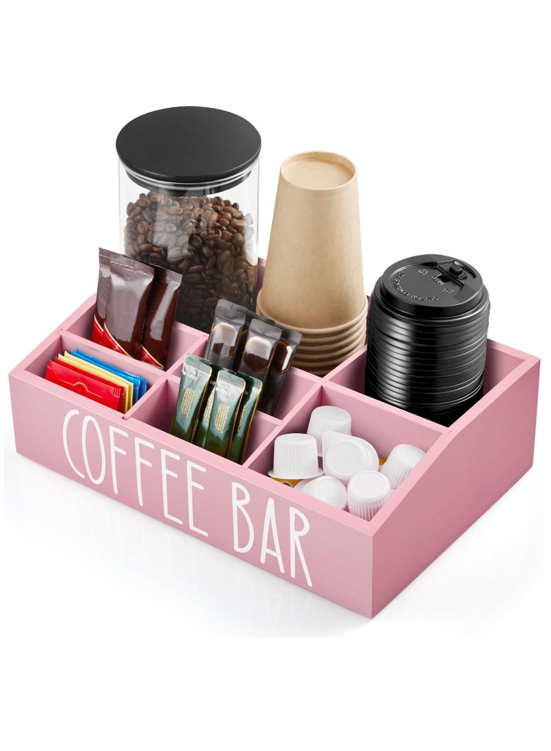 شو وو منظم محطة القهوة للطاولة، 7 أقسام، رف خشبي لبار القهوة ومنظم مع فواصل قابلة للإزالة لديكور بار القهوة في المطبخ باللون الوردي - Image 1